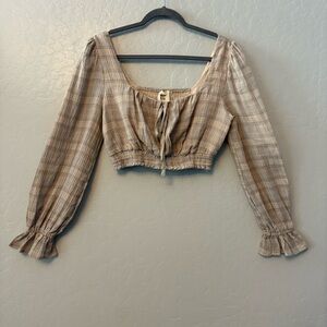 Style Rack beige plaid long sleeve smocked crop top large NEW